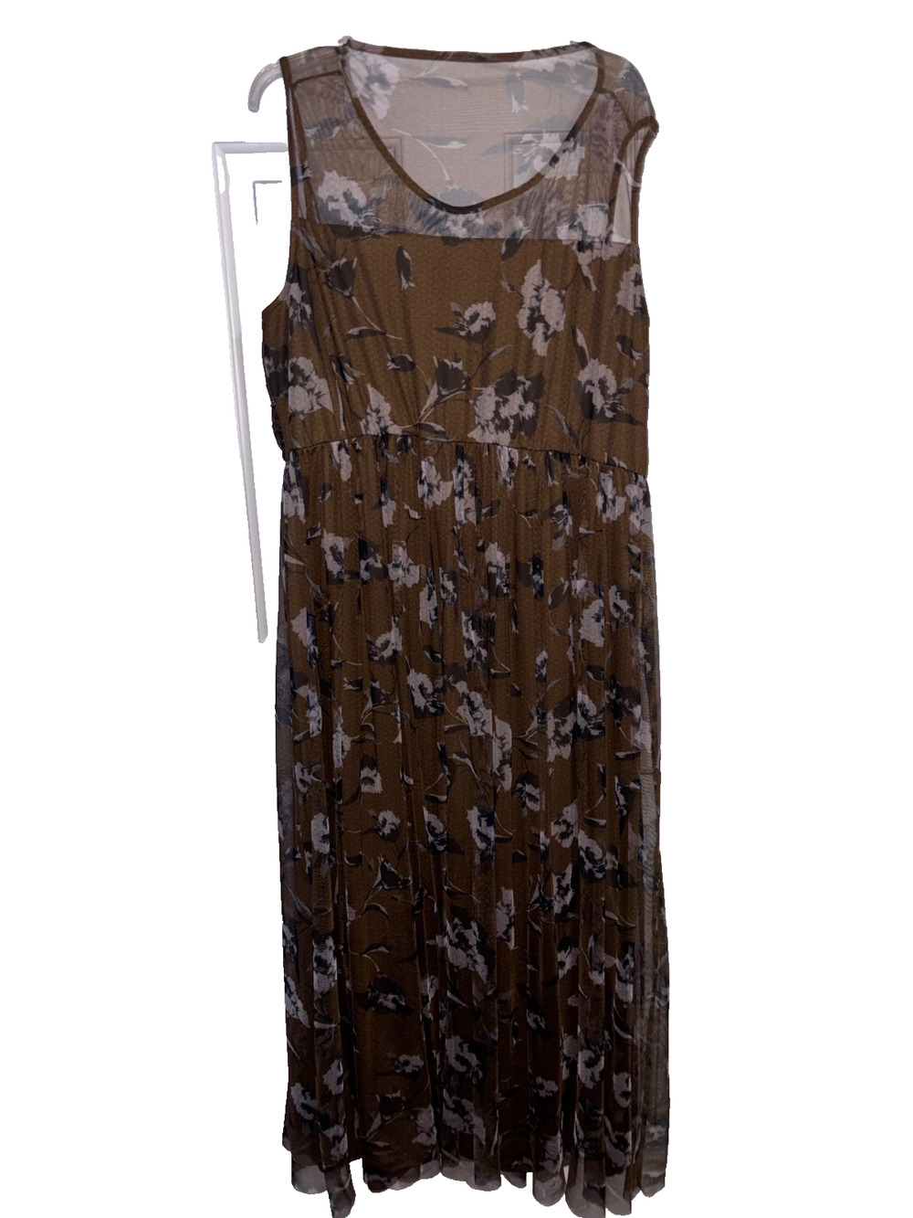 Candalite Floral Mesh Maxi Dress Women 3X Brown Ruched Illusion Formal EUC